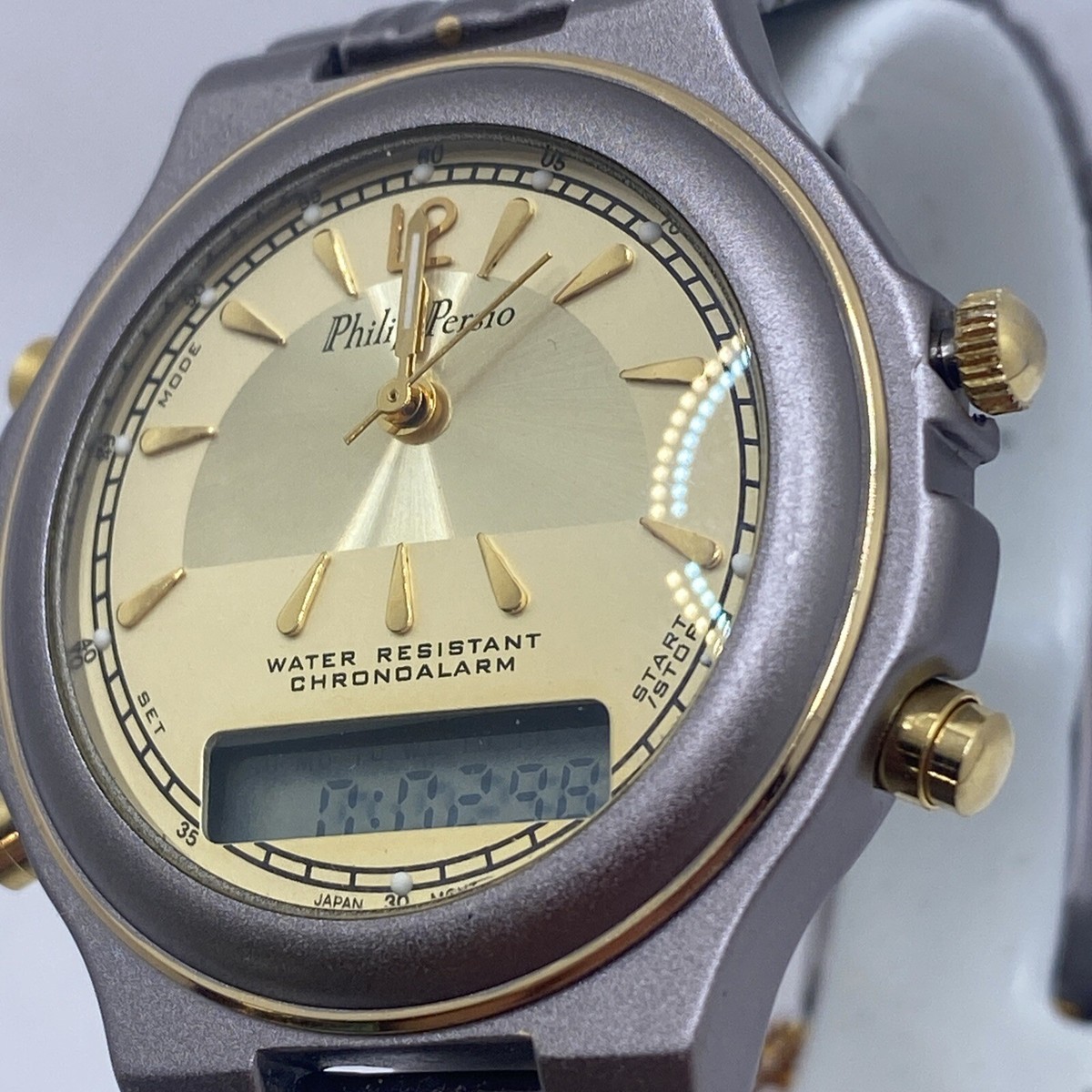 Philip Persio Mens Silver/Gold Chronoalarm Watch New Battery!