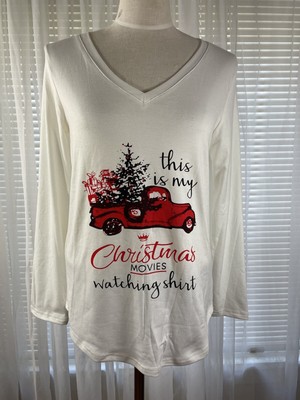 Tobrief T-Shirt White V-Neck Long Sleeve Christmas Holiday Spell Out Size Small