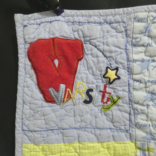 Vintage Carter's Baby Blanket Child of Mine Patchwork Sports Blues Reds 41x33" - Picture 9 of 13
