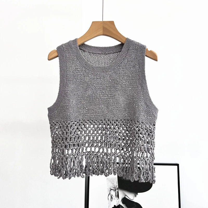 Brunello Cucinelli Womens Round Neck Sleeveless Hollow Sequined Linen Vest - Image 2 of 4