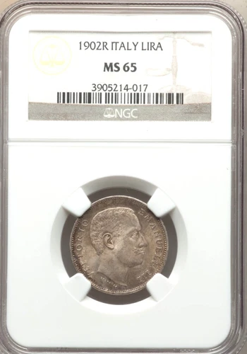 ITALY KINGDOM 1902-R 1 LIRA SILVER COIN GEM UNCIRCULATED, NGC CERTIFIED MS65