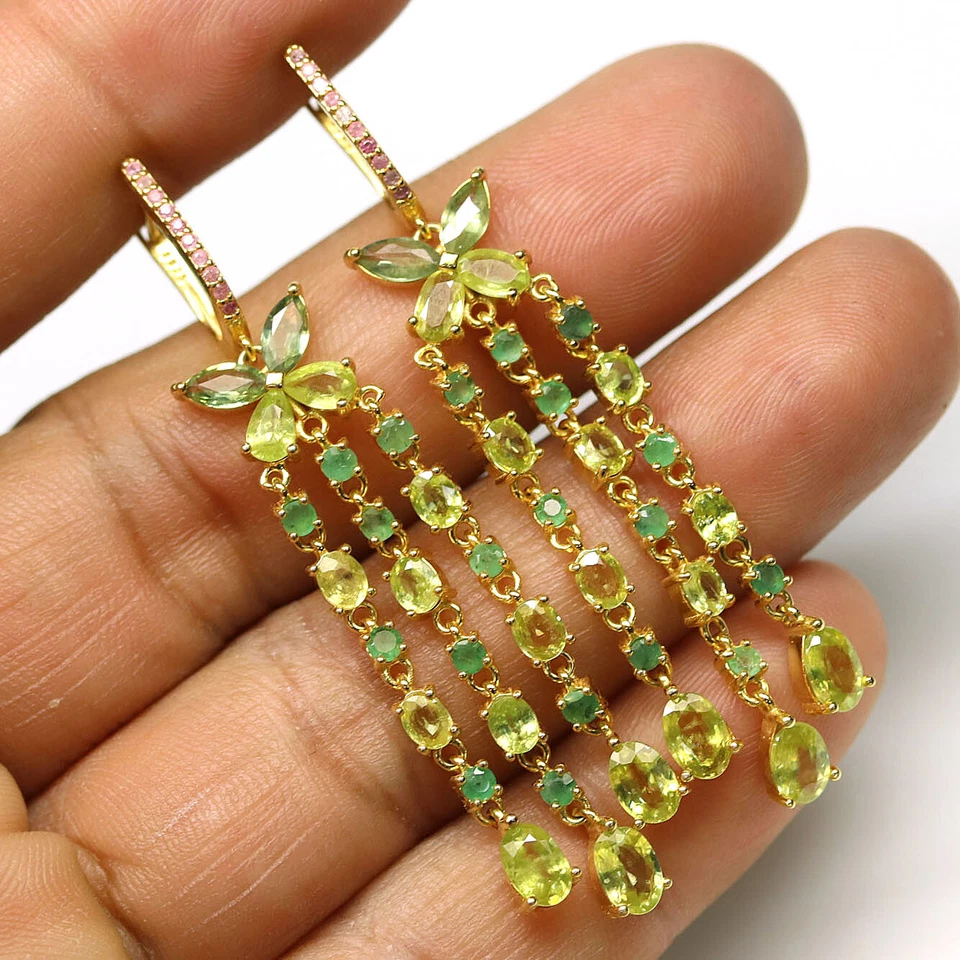 925 Sterling Silber Grün Titanit, Smaragd & Saphir Ohrringe - Bild 2 von 4