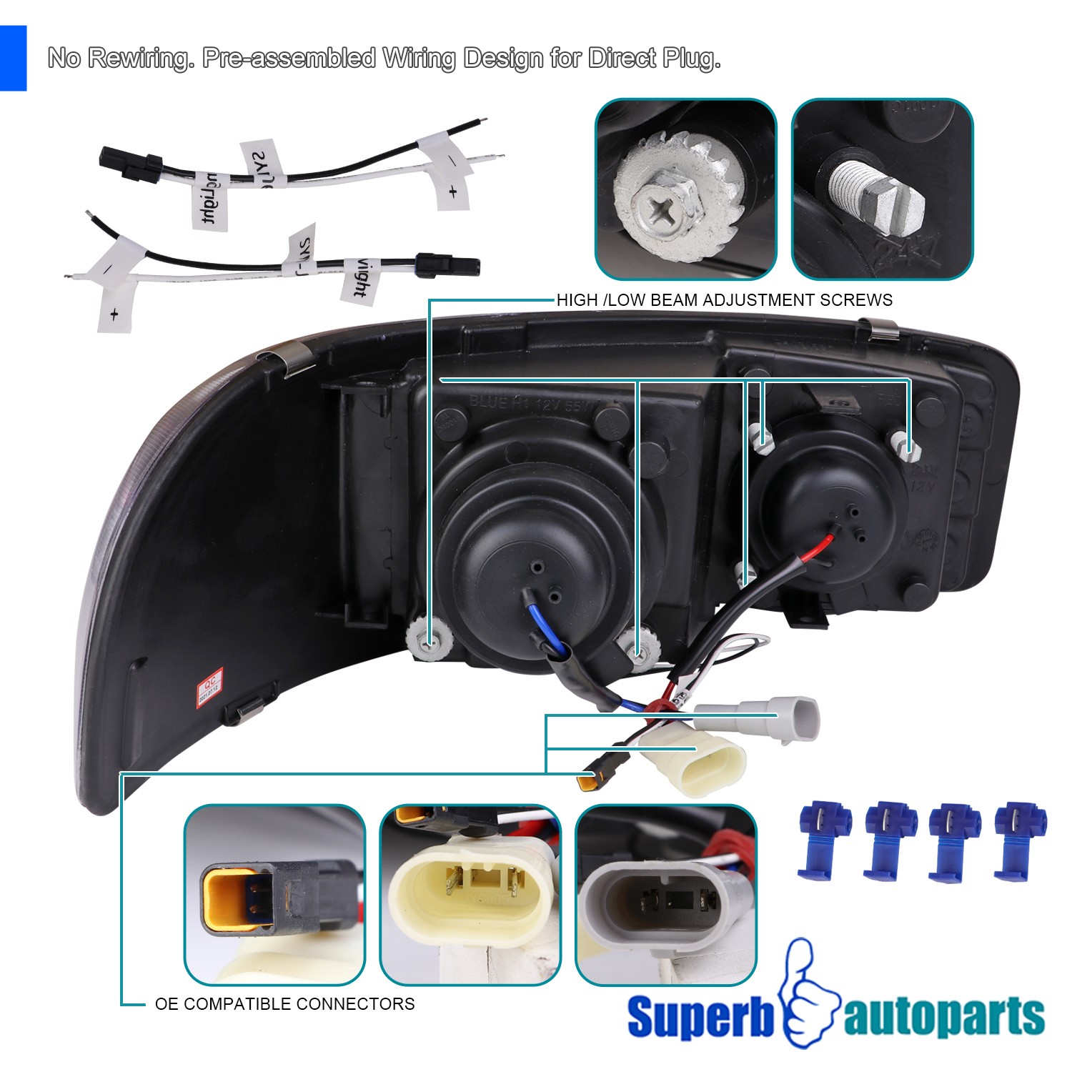 Fits 1999-2006 GMC Sierra Yukon Projector Headlights LED Strip+Bumper Lamps