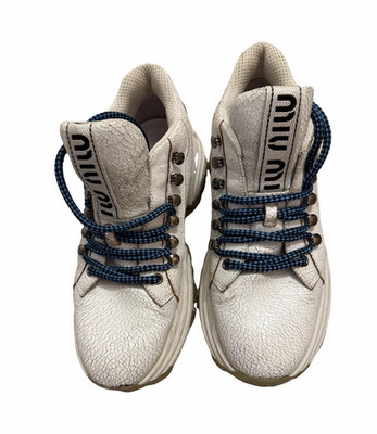 Miu Miu Damen Sneaker Leder weiß blau Riss-Optik gepolstert Größe 40
