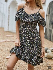 SHEIN Women's Black Floral Sundress Off Shoulder Cold Shoulder Ruffle L