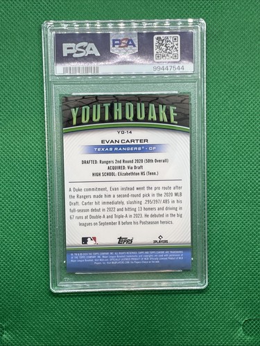 2024 Topps Chrome #YQ14- Evan Carter Youthquake Orange Refractor RC #/25 PSA 9 - Picture 2 of 2
