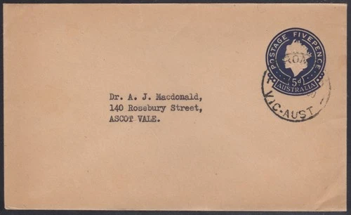 Australia 5d indigo embossed QE2 pre-paid envelope, “DROMANA” Vic pmk
