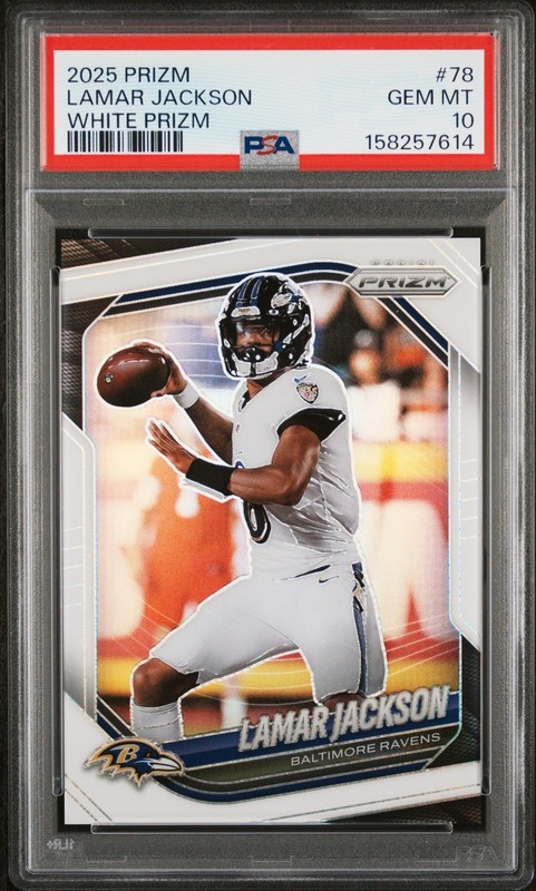 2025 Panini Prizm Lamar Jackson White Prizm 7/35 #781 -PSA 10 GM MT, Pop. 2🔥