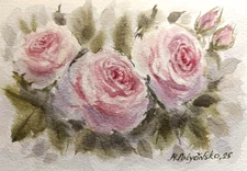 Original Artwork Modern Painting Landscape FLOWER PINK ROSE Floral Signed Art A5