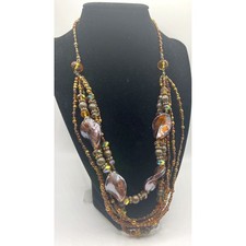 CJ Banks Layered Amber Brown Glass Bead Necklace Signed Adjustable