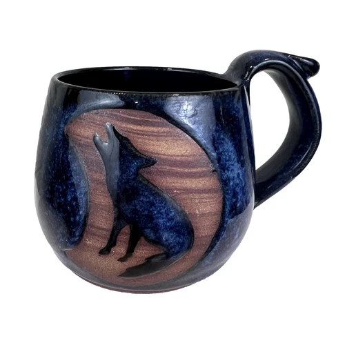 Signed Studio Art Pottery Mug Cup Speckled Blue Glaze With Howling Wolf