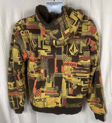 Vintage Volcom Slightly Removed Faux Fur Hoodie All Over Graphic