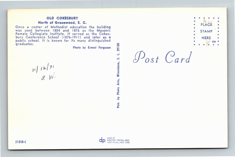 Greenwood SC, Old Cokesbury, South Carolina Postcard eBay