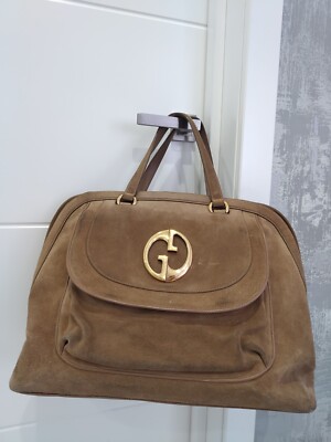 GUCCI 1973 Beige Brown Suede Large Top Handle Tote Boston Bag