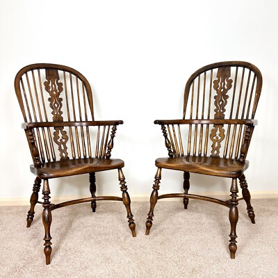 x Antique 19th Century Elm Windsor Chair Crinoline Stretcher UK