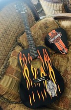 Vintage Harley Davidson Trinity River Flaming Black Acoustic Guitar W/ Hd Mount