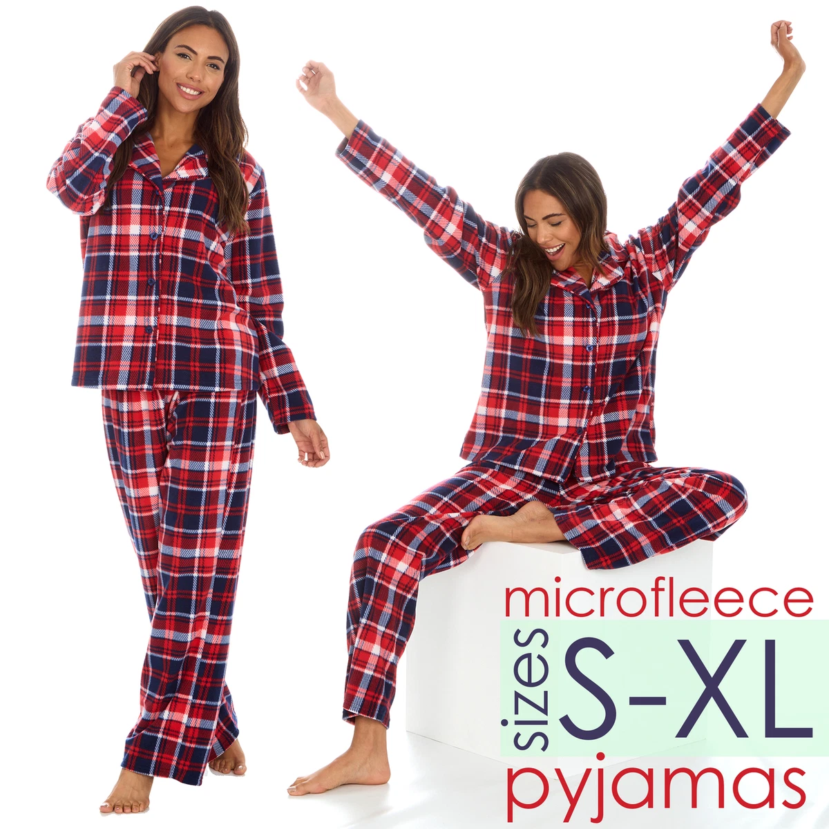 Ladies Checked Button Up Top and Long Bottoms Microfleece Warm Pyjama Set PJs UK