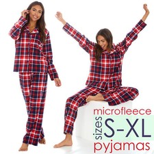 Ladies Checked Button Up Top and Long Bottoms Microfleece Warm Pyjama Set PJs UK