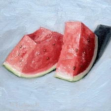 Watermelon Original Oil Painting Still Life Artwork Kitchen Small Wall Art 6x6