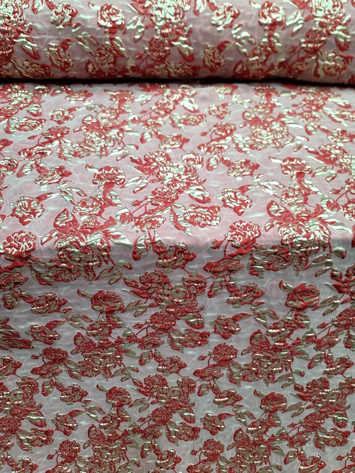 Red And Gold Fabric Sold By The Yard Metallic Floral Brocade For Dress 60" W - Image 2 of 4