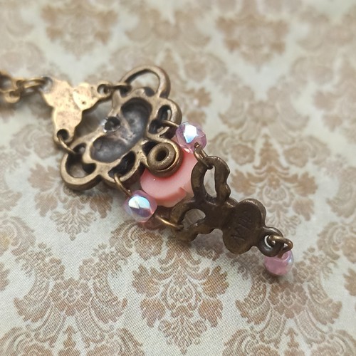 Michal Negrin Necklace Carved Rose Pink Pendant Shabby Chic Crystal Filigree New - Picture 13 of 16