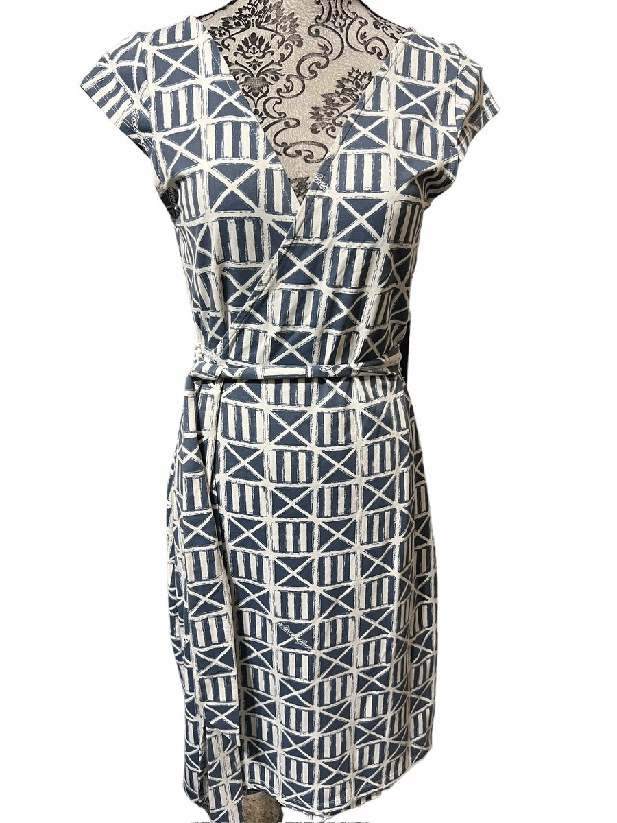Mahi Gold Women's Size Large Wrap Dress Blue/Whie Geometric Print w/Cap  Sleeve | eBay