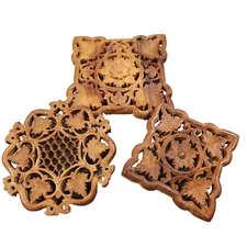 3 Beautiful VTG Carved Wooden Trivets Leaves Flower Boho Kitchen Home Hot Plates