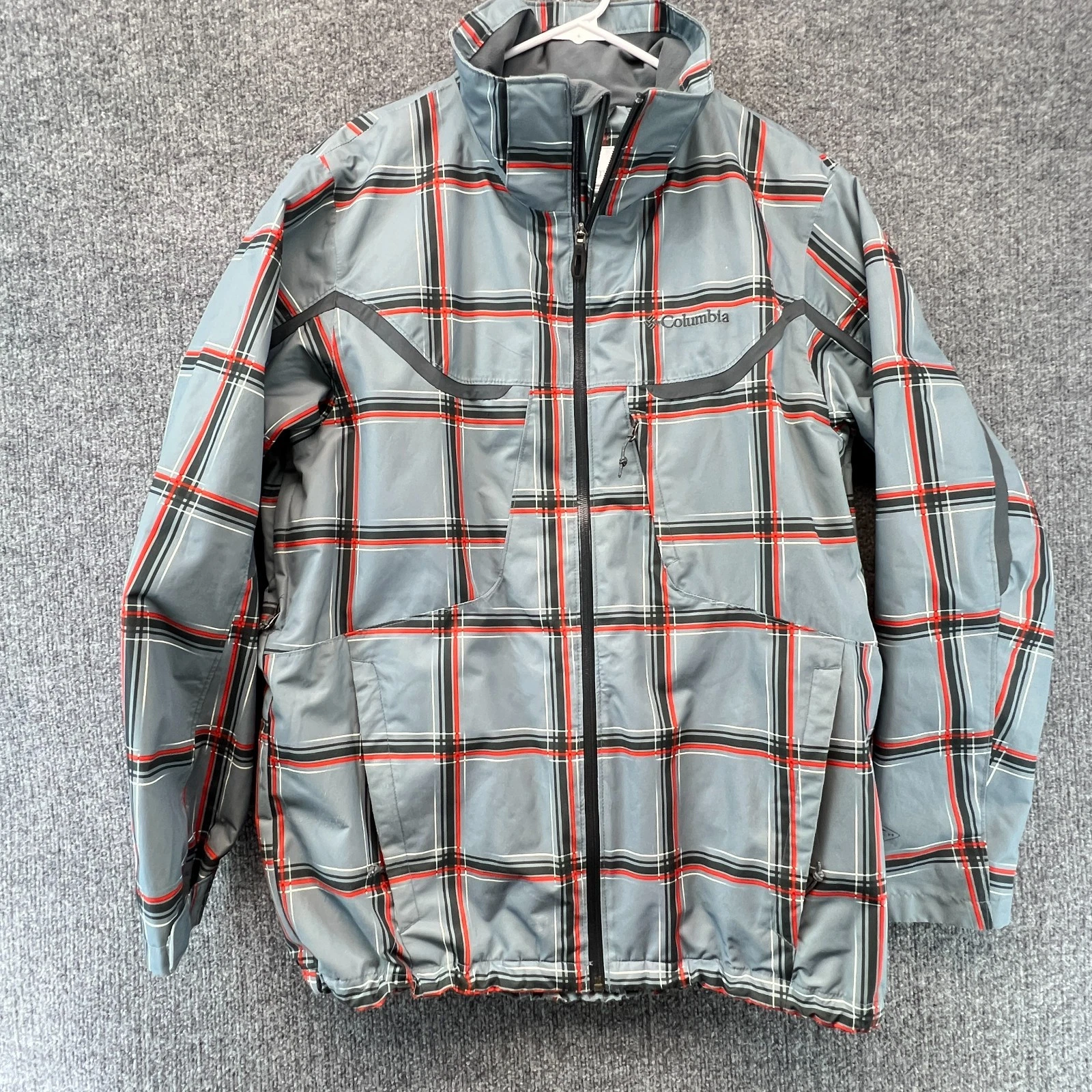 Columbia Men’s MEDIUM Interchange Ski Snowboard Jacket Omni-Heat Plaid Gray Red