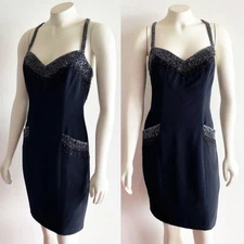 Oleg Cassini Black Tie Vintage Beaded Strappy Dress Black 4