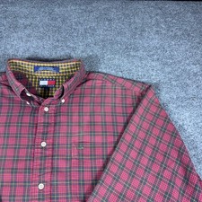 Tommy Hilfiger Mens Red Plaid Button Down Shirt Long Sleeve Crest Logo Large