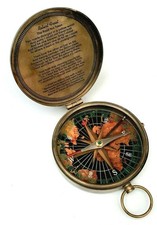 Antiker gravierter Messing Sonnenuhr Kompass mit Lederetui - Maritim Marine G...