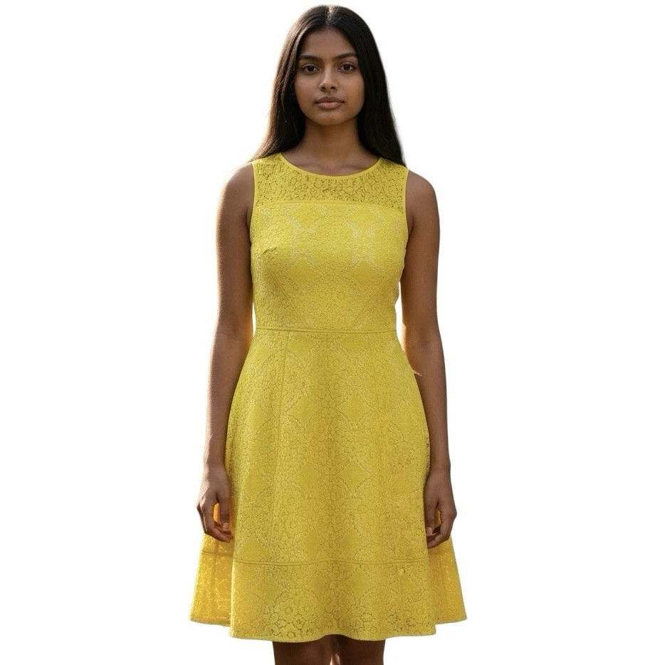 chinese dress ladies White House Black Market Yellow Geometric Lace Overlay Fit & Flare Dre –  theuntamedthread.com main image 0