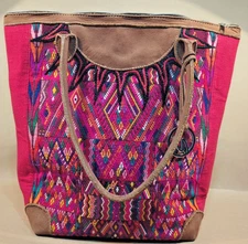 Arloom Handwoven Embroidered Fabric & Leather Boho Tote Bag 15" by 14"