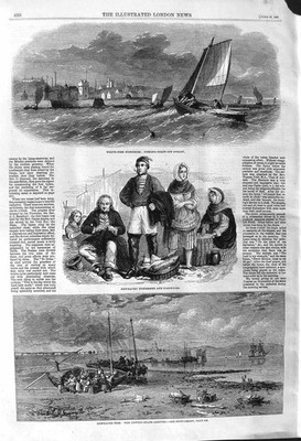 Original alter antiker Druck 1862 Angeln Newhaven Pier Boote Dysart Fischfrauen
