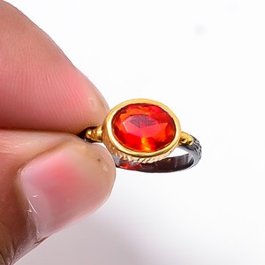 Authentic Red Garnet Black And Gold Plated 925 Sterling Silver Ring S.Adjustable R87152