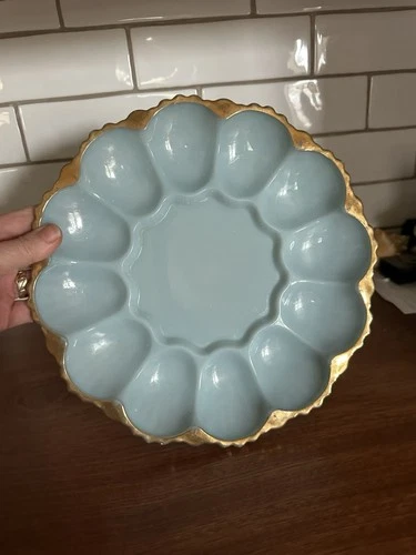 Vintage FIRE KING Delphite Blue MCM Milk Glass Gold trim Deviled Egg Plate