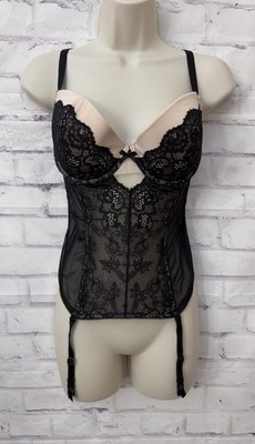 Victoria s Secret 36D Bustier Garter Lingerie Black Lace Sheer Sexy Roleplay