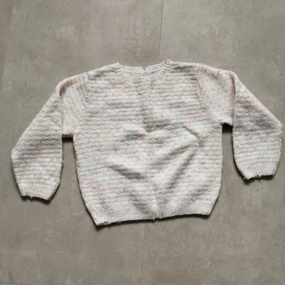PULL MANCHE LONGUE TRICOT MAIN AIGUILLES COL ROND MOUCHETE BLEU ROSE 12/18 mois - Photo 1/4