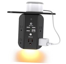Wall Outlet Extender with Shelf and Night Light,Surge Protector,USB 1C3A Black