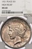 1921 $1 NGC MS60 High Relief Peace Dollar Toned Unc Philadelphia Peace