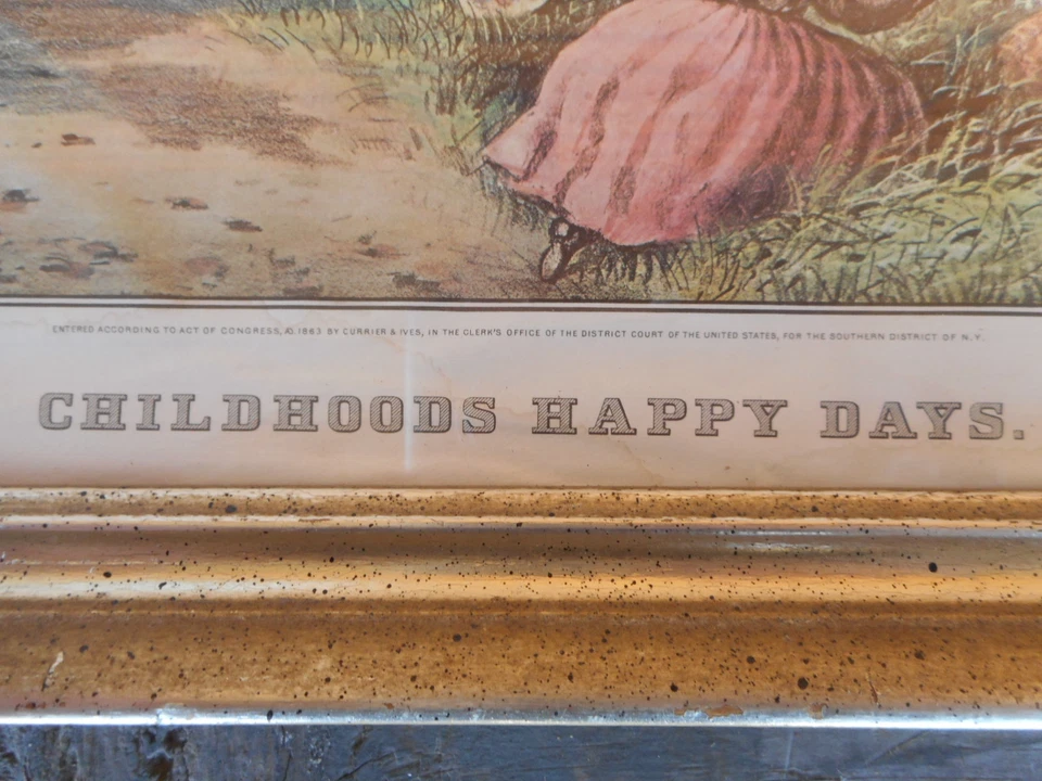Antique Currier & Ives Childhood Happy Days print frame girls picking flowers - Image 4 of 4