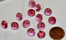 VINTAGE 12 GLASS ROSE PINK FACETED ROUND BUTTONS • 10mm • BRASS SHANK