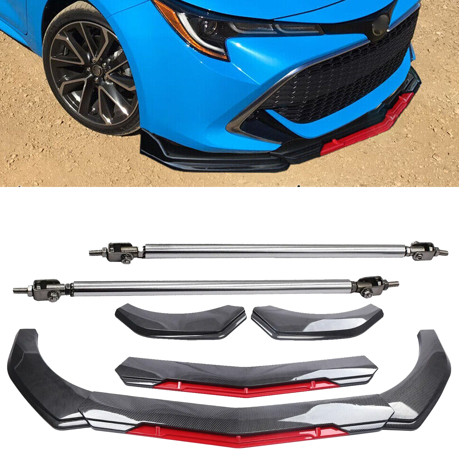 Toyota Corolla SE Carbon Fiber Front Bumper Lip Spoiler with Splitter and Strut Rod