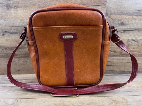 Vintage Samsonite Faux Leather Orange Brown Square Carry On Luggage Shoulder Bag