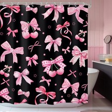 Pink Black Bow Shower Curtain 60Wx72H Inches Cherry Girly Preppy Modern Fruit...
