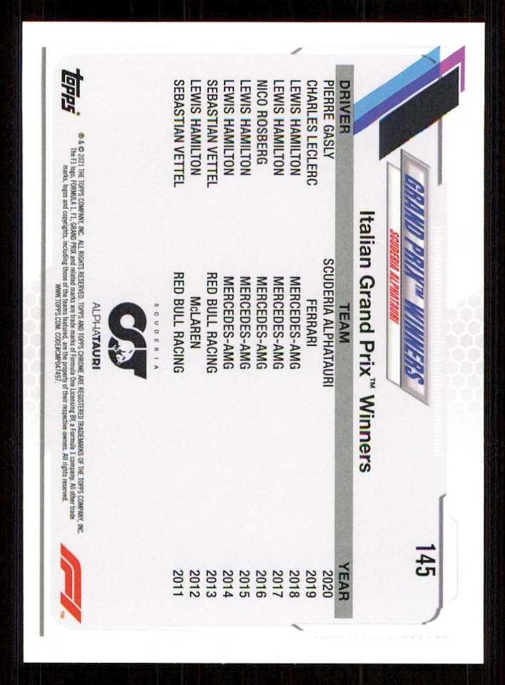 2021 Topps Chrome Formula 1 #145 Pierre Gasly/Grand Prix Winners - Image 2 of 2