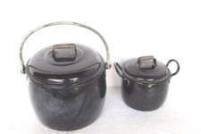 2 Pc Black Enamel Cooking Pot Kitchenware Old Vintage Collectible