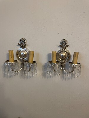 pair vintage nickel on brass crystal 2 light sconces