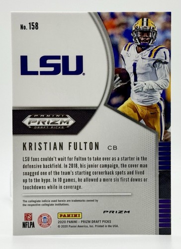 2020 Panini Prizm Draft Picks Silver #158 Kristian Fulton RC Tennessee Titans - Picture 2 of 2