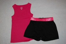 Girls Outfit PINK RIBBED TANK TOP Black Knit Shorts GOOD VIBES Fold Top XS 4-5